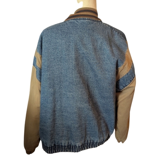 Vtg Blue Denim Tan Canvas Varsity Chore Bomber Jacket with Ribbed Details Sz L - Picture 2 of 11